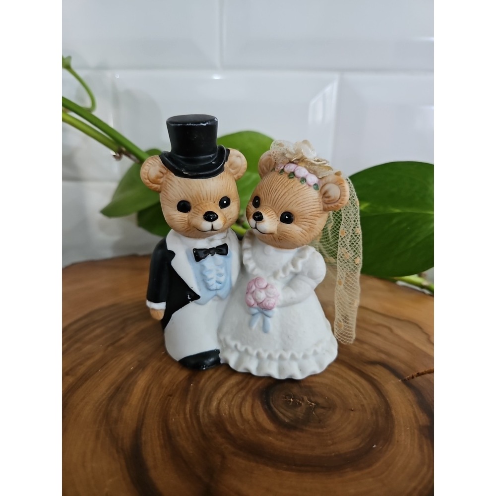 Vtg Homco Figurine Porcelain Teddy Bear & Bride Groom #1424 Wedding Cake Topper